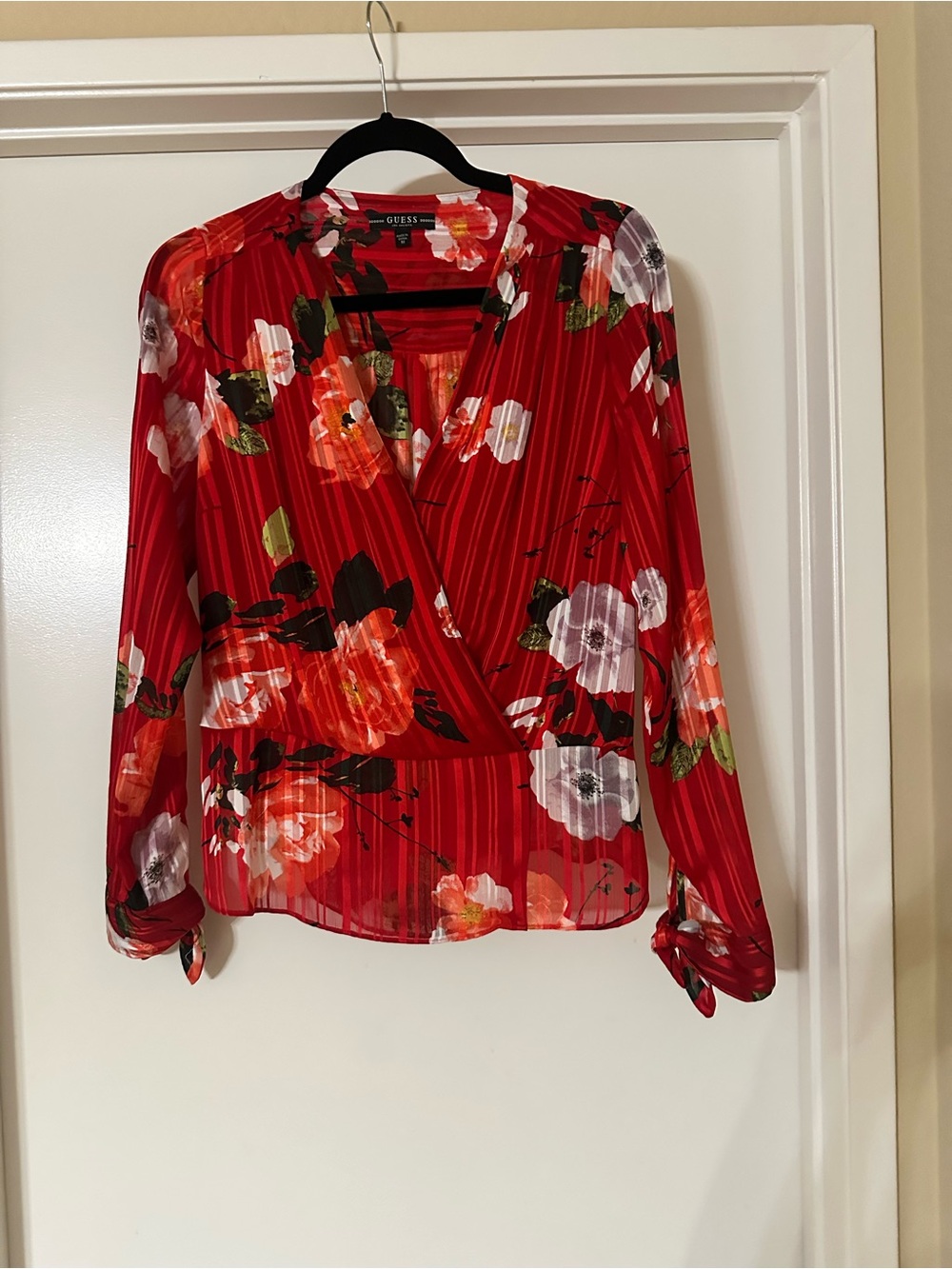 GUESS Red Floral Wrap-Style Blouse